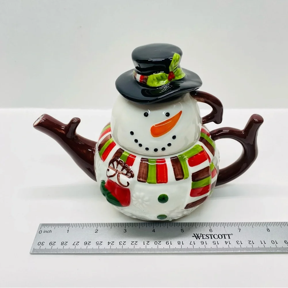 Pier 1 Imports Snowman Teapot Set w/Lid & Cup Tea for One Christmas Holiday
